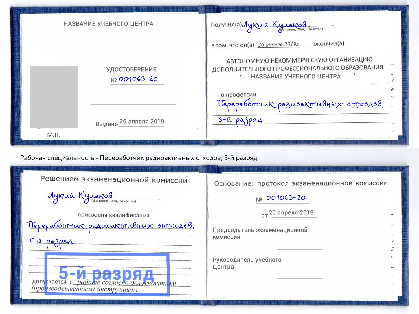 корочка 5-й разряд Переработчик радиоактивных отходов Набережные Челны