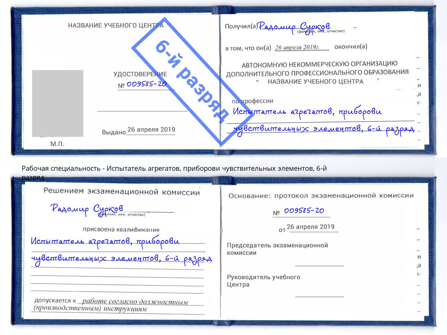 корочка 6-й разряд Испытатель агрегатов, приборови чувствительных элементов Набережные Челны