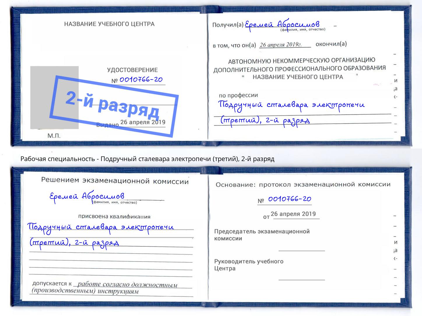 корочка 2-й разряд Подручный сталевара электропечи (третий) Набережные Челны