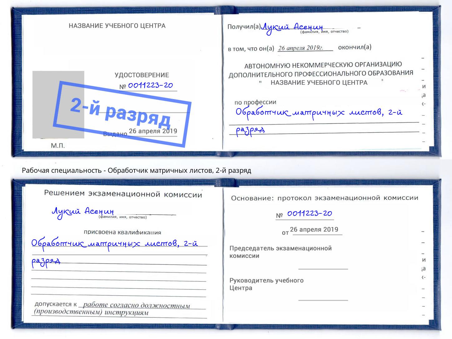 корочка 2-й разряд Обработчик матричных листов Набережные Челны